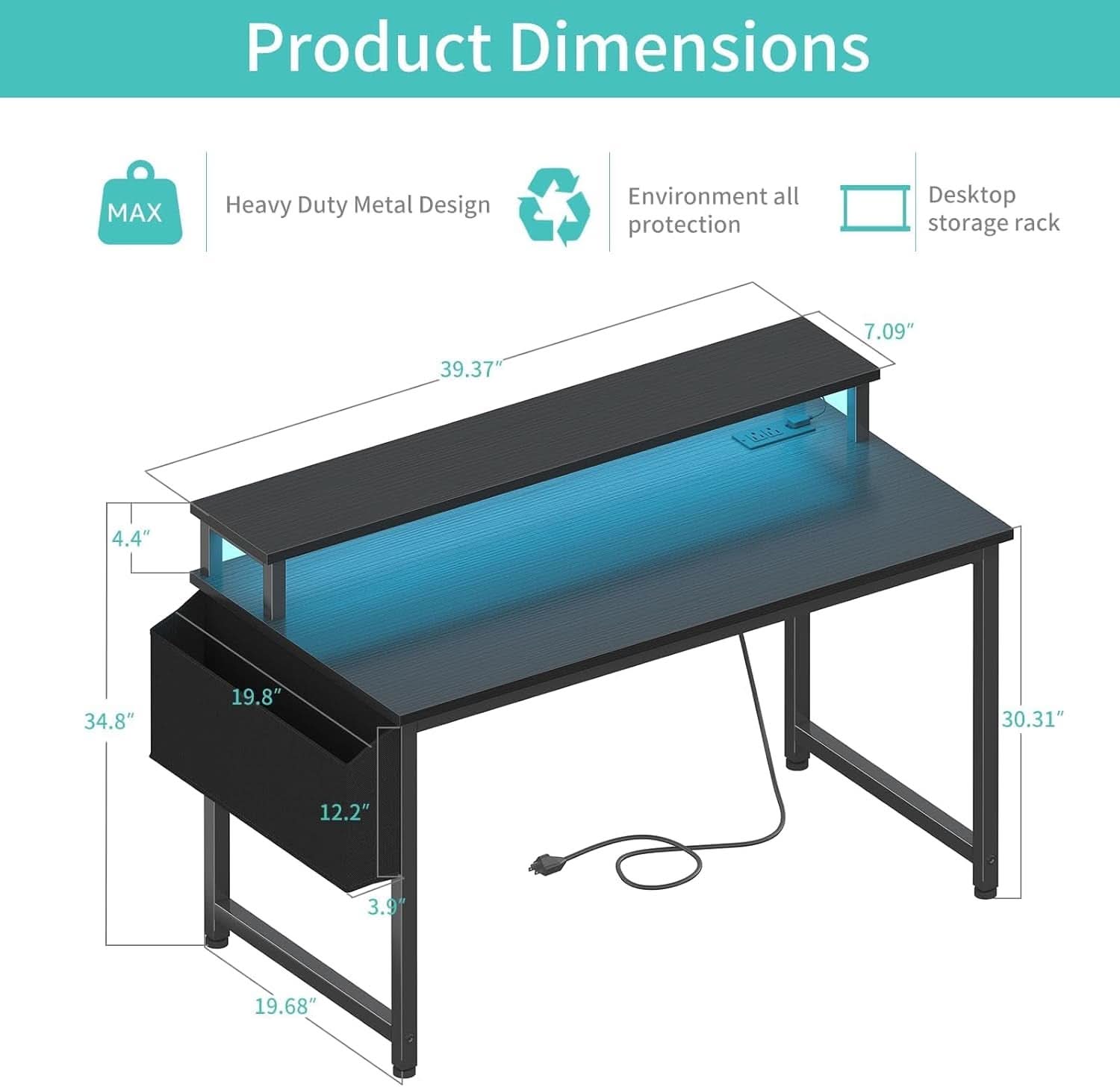 Black 40 Inch RGBIlluminated Gaming Desk With USB Ports