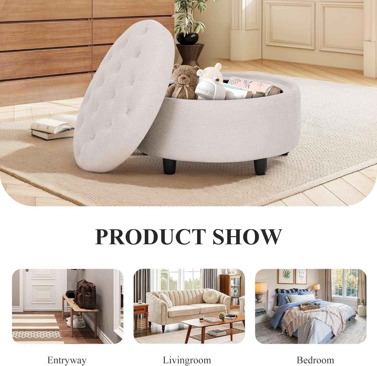 Beige Circular Storage Ottoman with Tray
