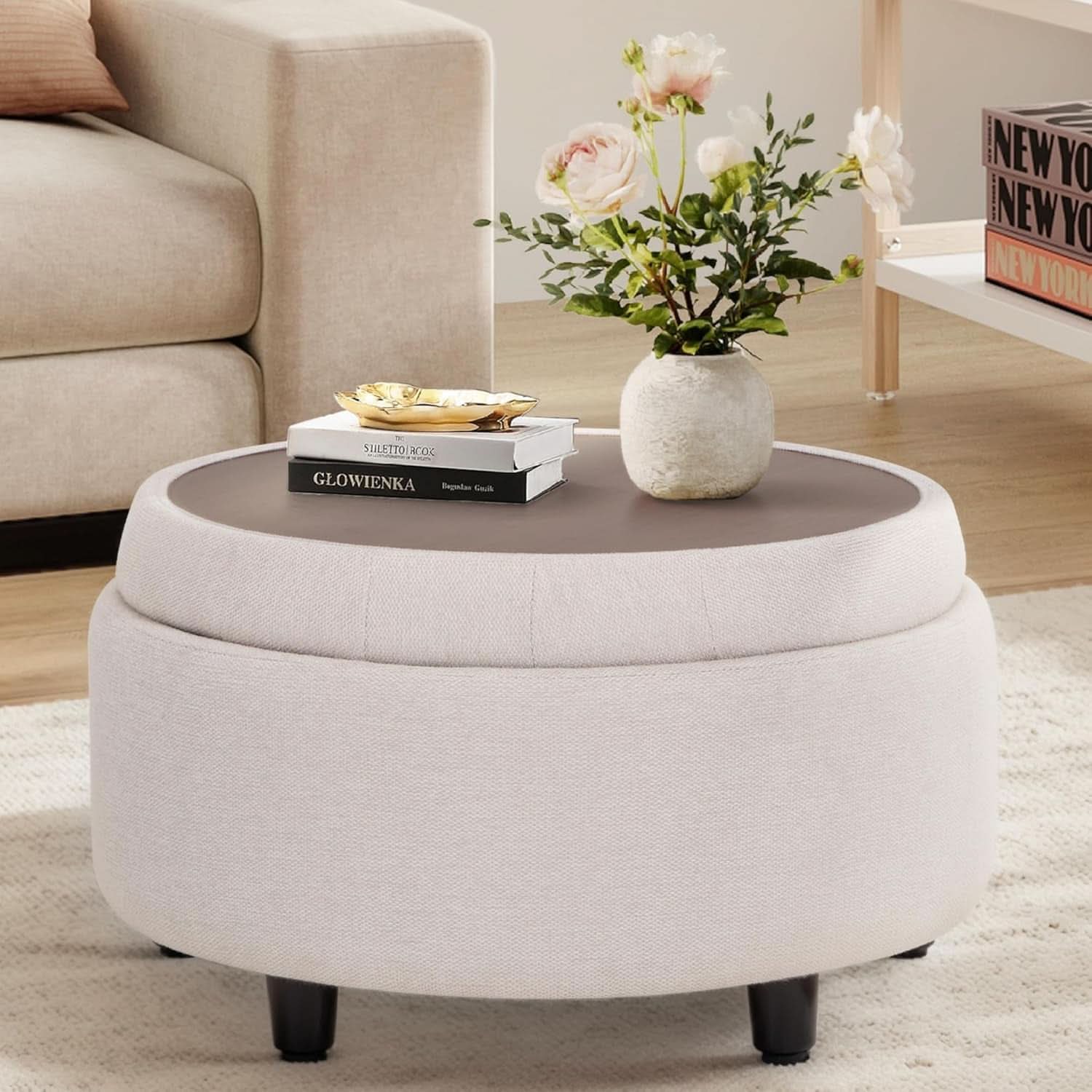 Beige Circular Storage Ottoman with Tray