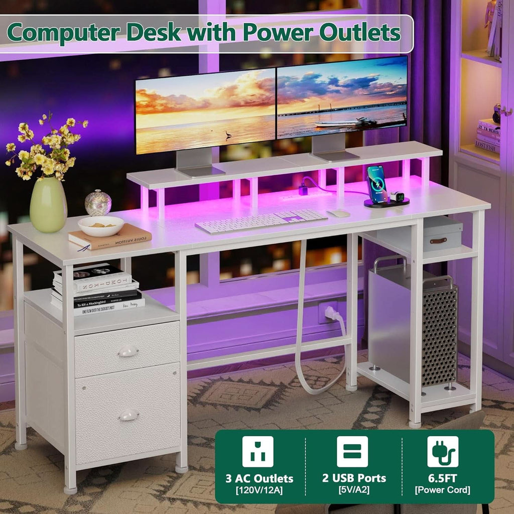 61 Inch Computer Desk With Integrated Power Outlet LED