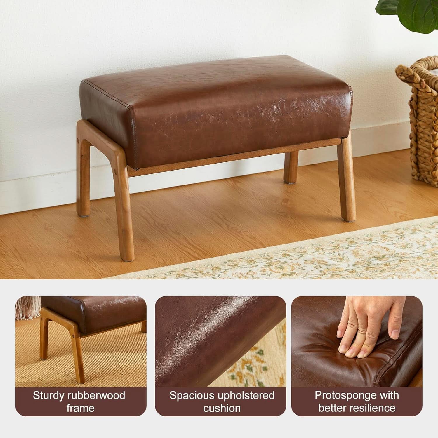 Walnut Rectangular Leather Ottoman Bench 24.5"