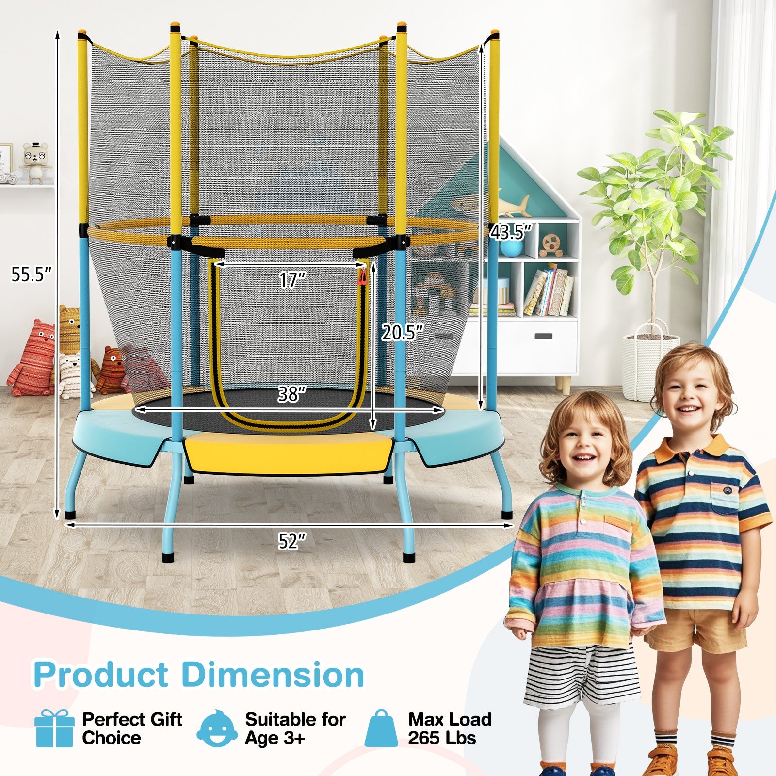 48 Inch Toddler Trampoline with Safety Enclosure Net-Yellow