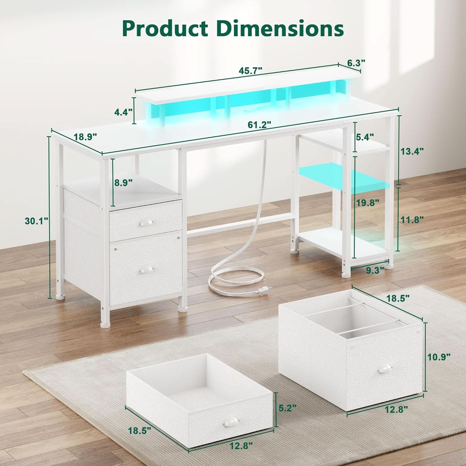 61 Inch Computer Desk With Integrated Power Outlet LED