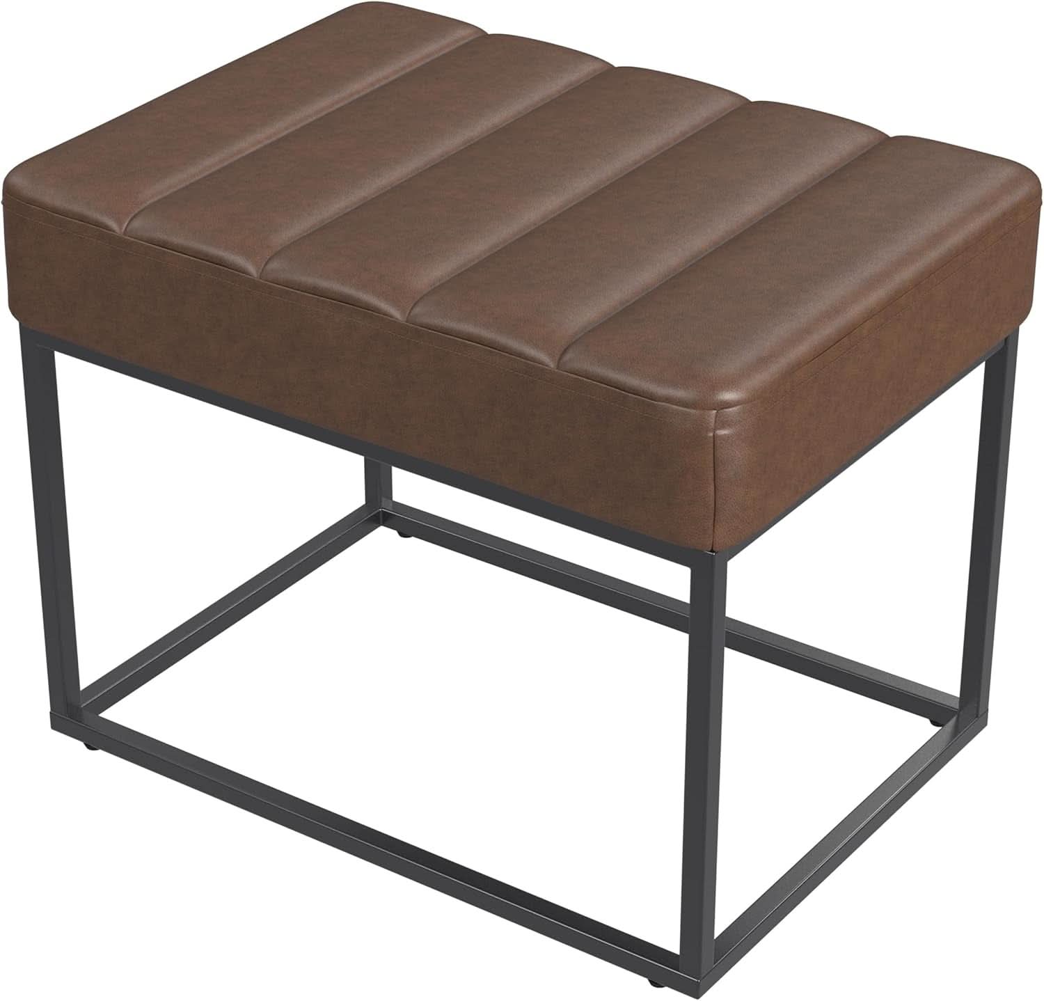 Brown Faux Leather Channel Tufted Ottoman