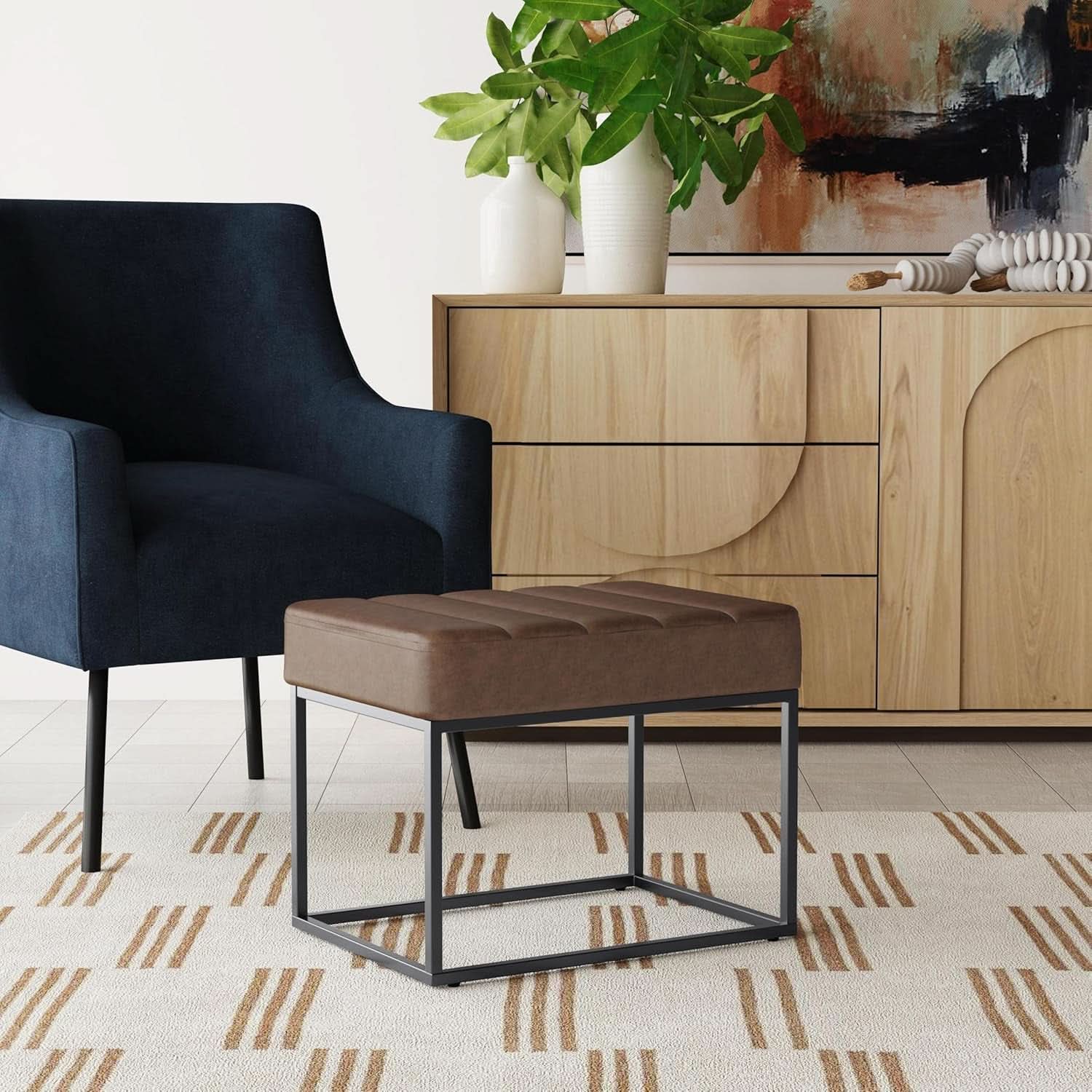 Brown Faux Leather Channel Tufted Ottoman