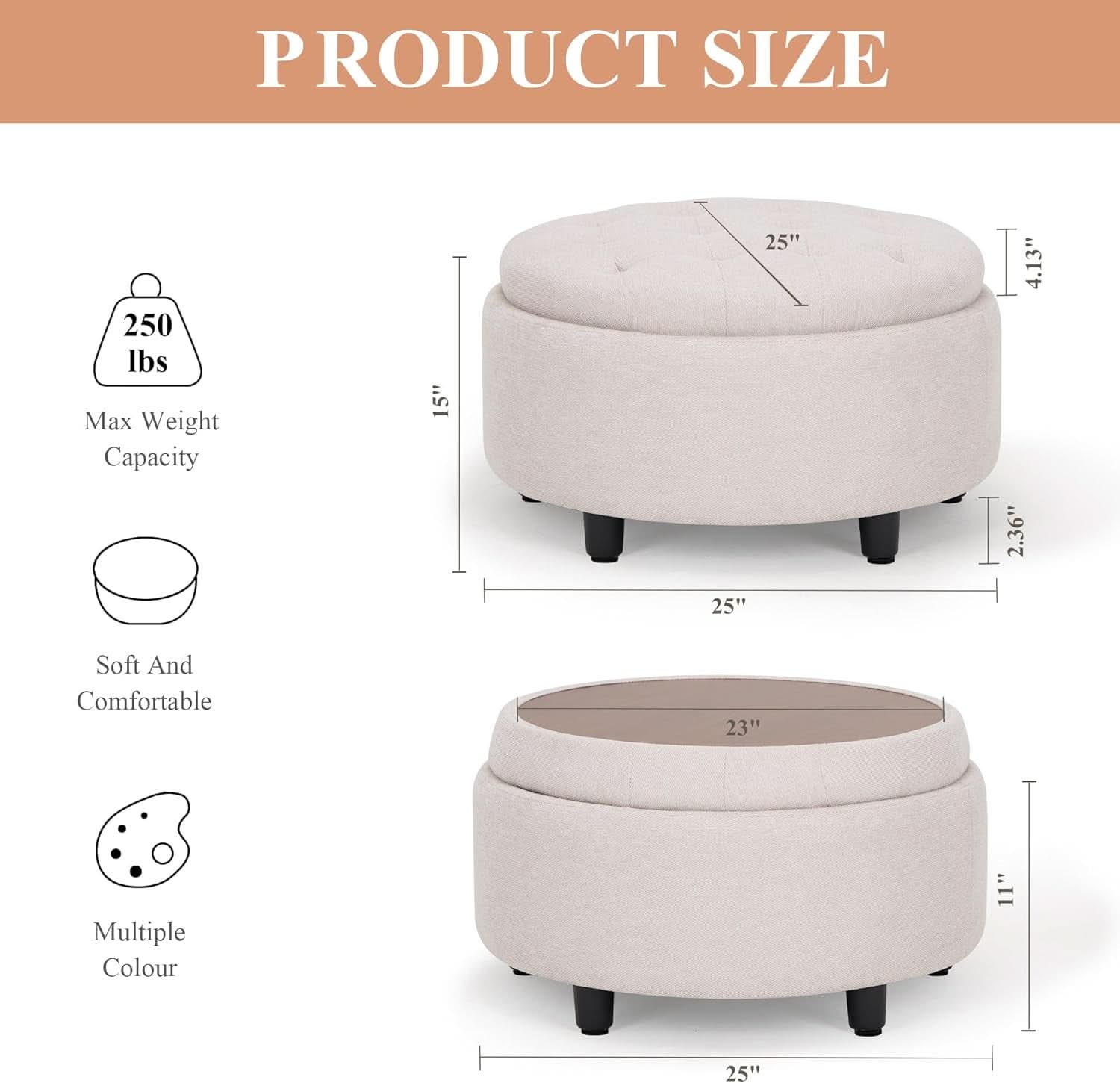 Beige Circular Storage Ottoman with Tray