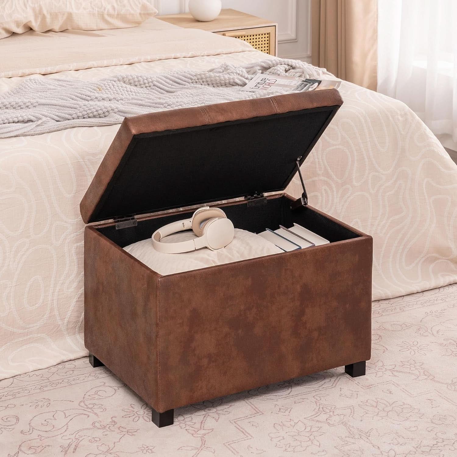 Rectangular Leather Storage Ottoman Bench 24"