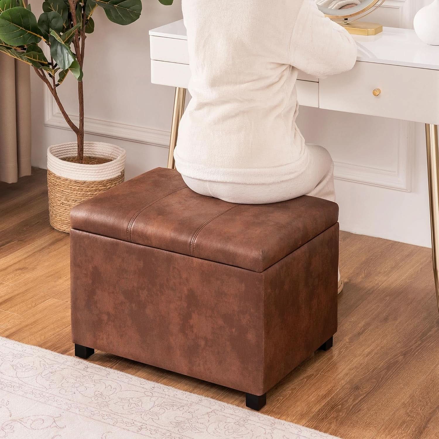 Rectangular Leather Storage Ottoman Bench 24"