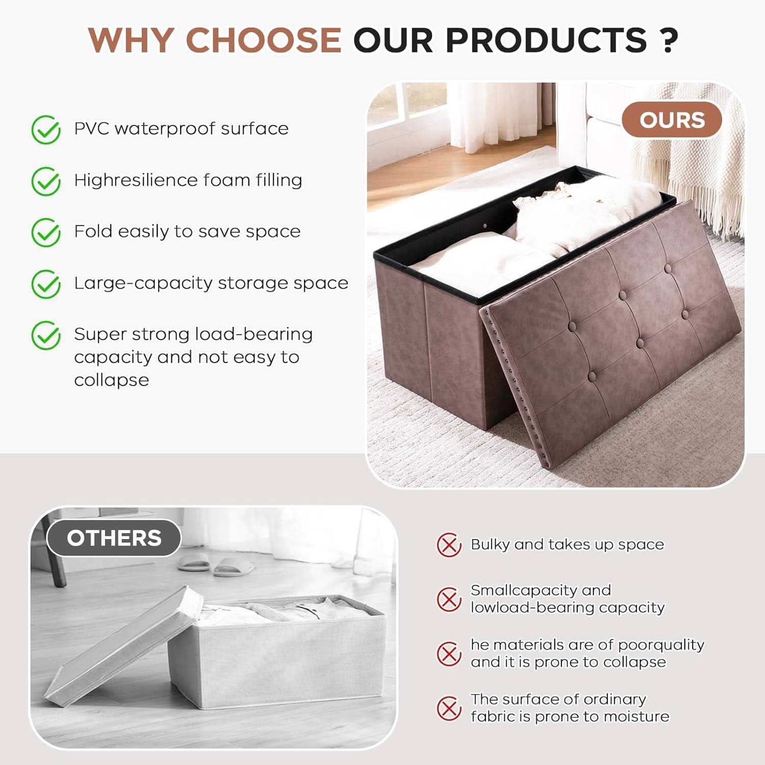 Oak Brown Foldable Storage Ottoman Bench 30"