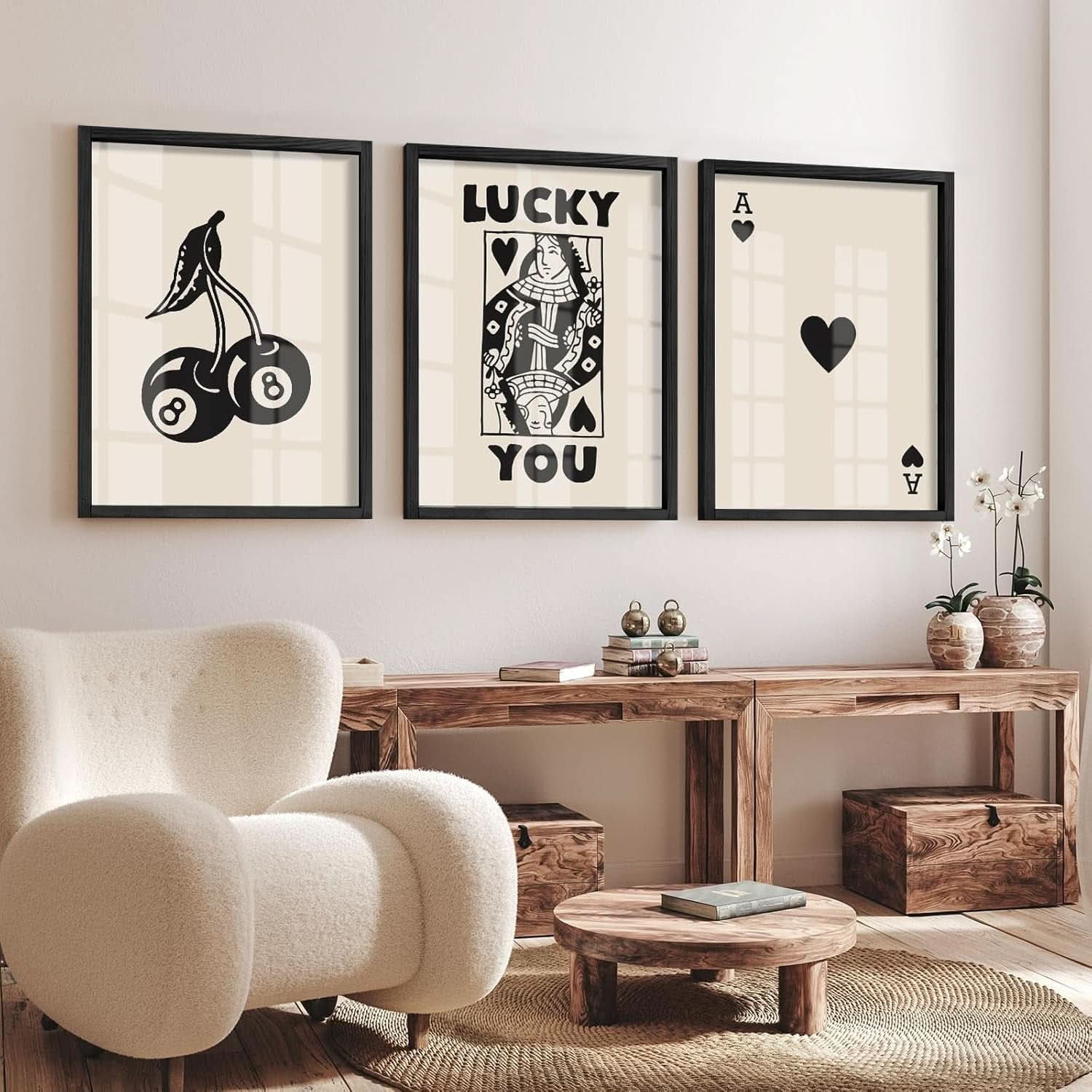 Poker Wall Art Set Queen Of Hearts Framed Retro Prints