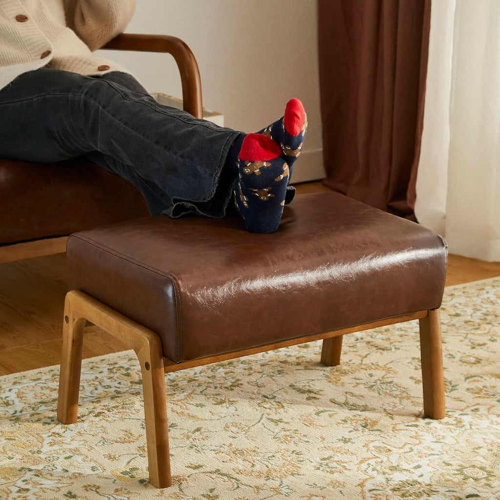 Walnut Rectangular Leather Ottoman Bench 24.5"