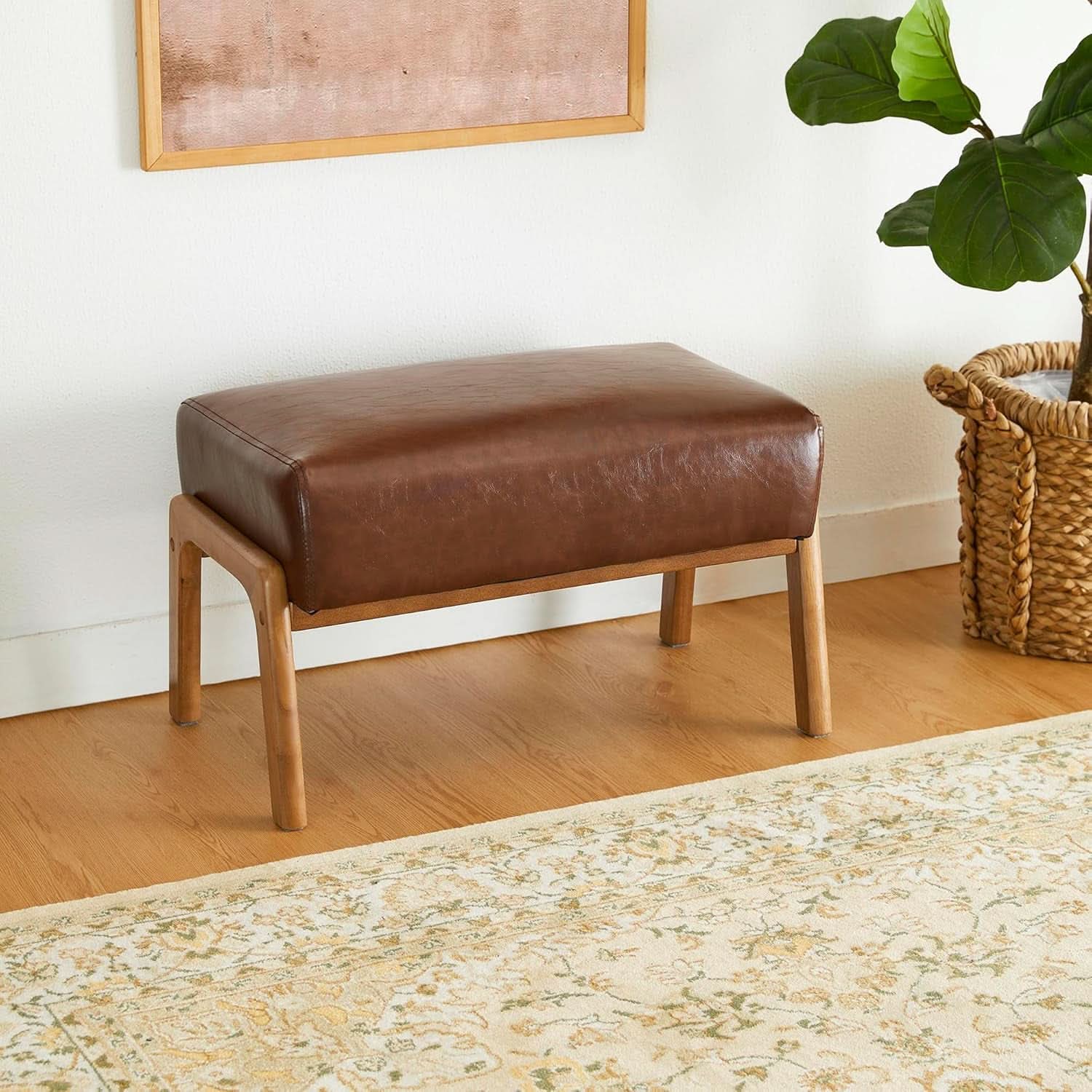 Walnut Rectangular Leather Ottoman Bench 24.5"