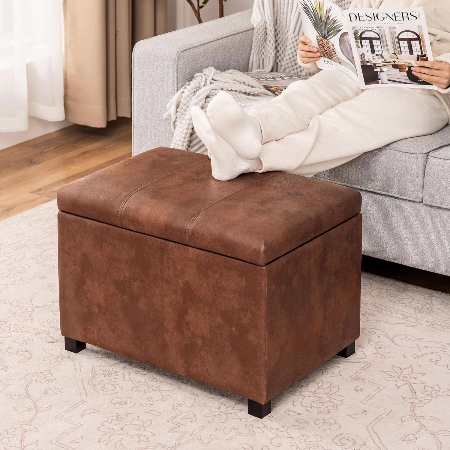 Rectangular Leather Storage Ottoman Bench 24"