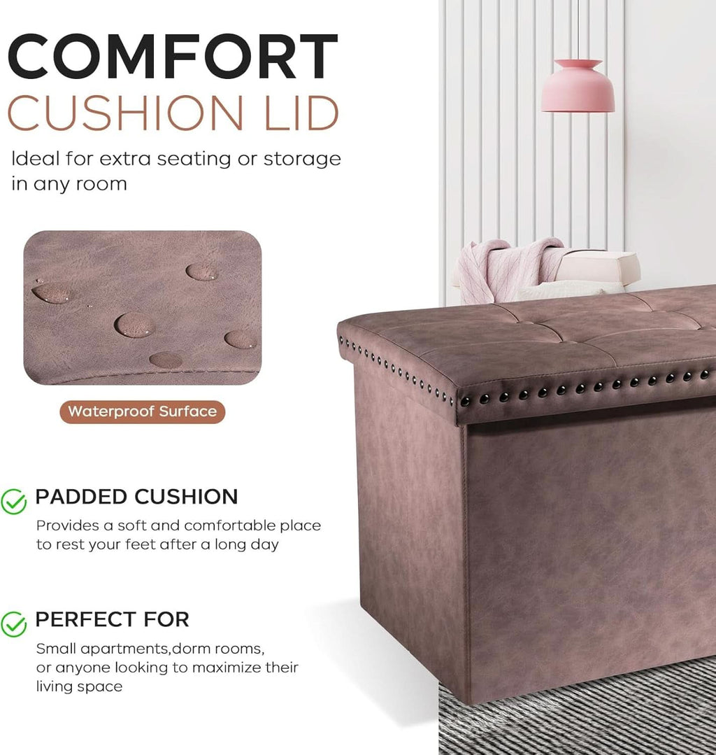 Oak Brown Foldable Storage Ottoman Bench 30"