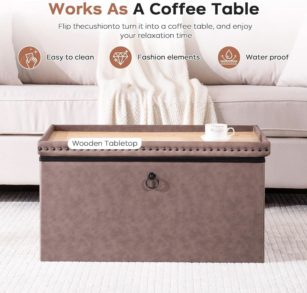 Oak Brown Foldable Storage Ottoman Bench 30"