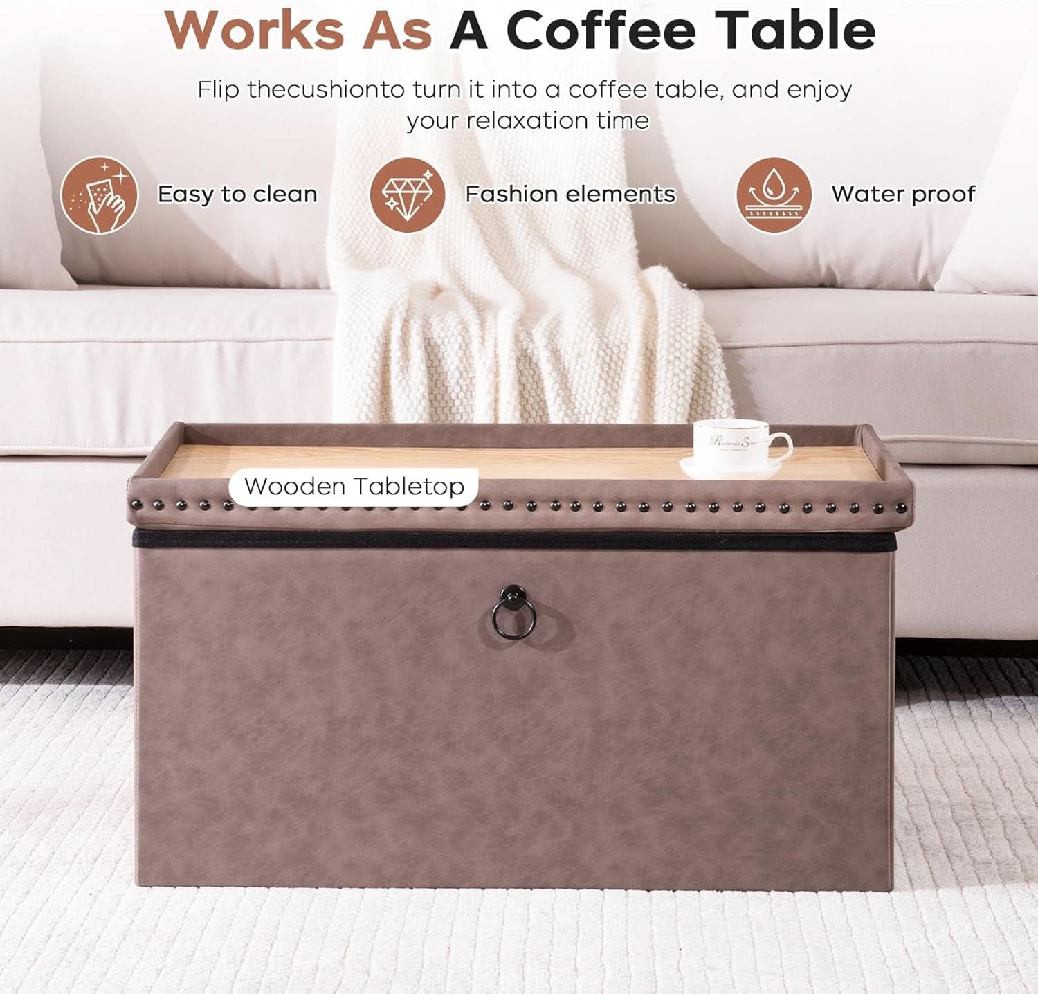 Oak Brown Foldable Storage Ottoman Bench 30"
