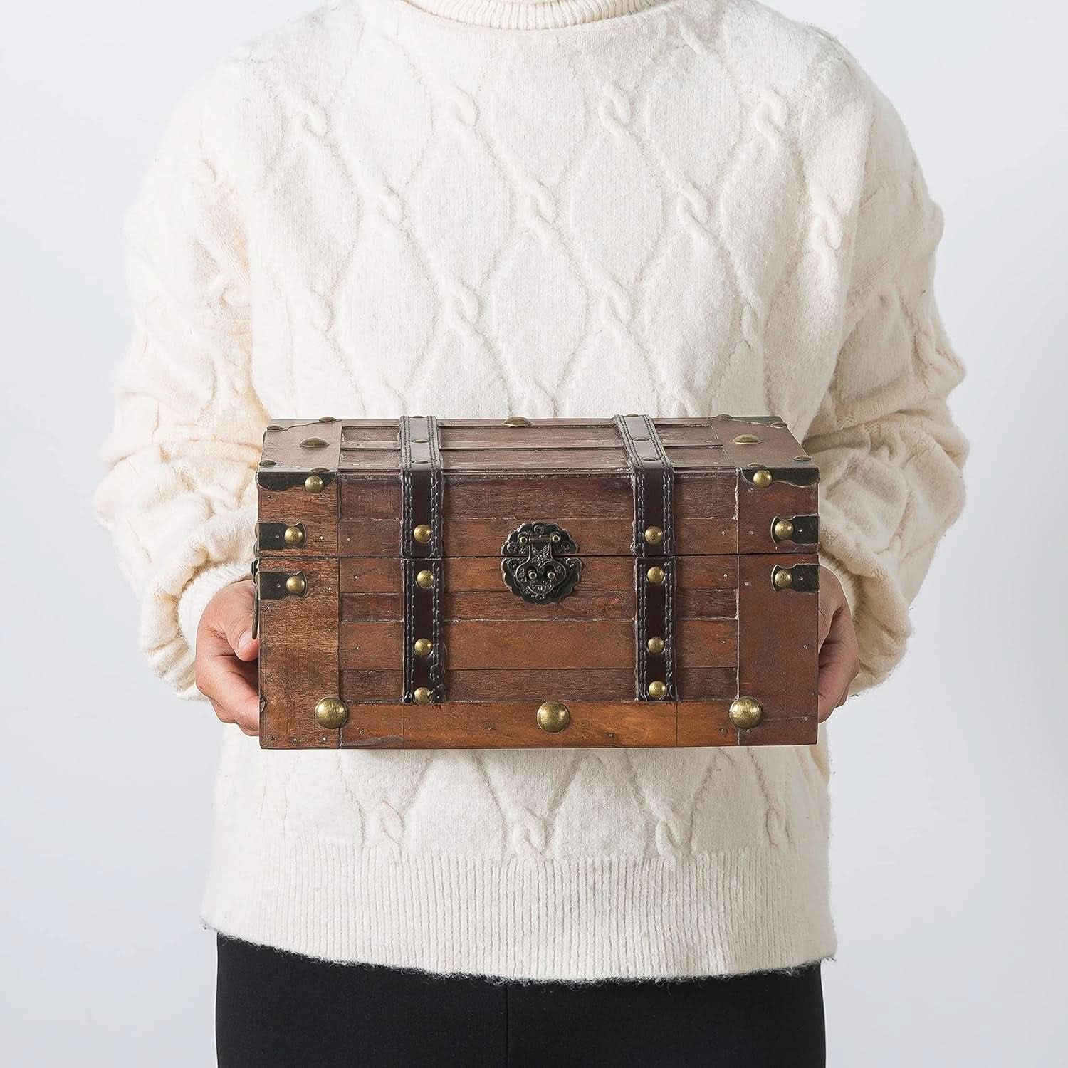 Wooden Treasure Chest 11x7x5.5 Hinged Lid Keepsakes