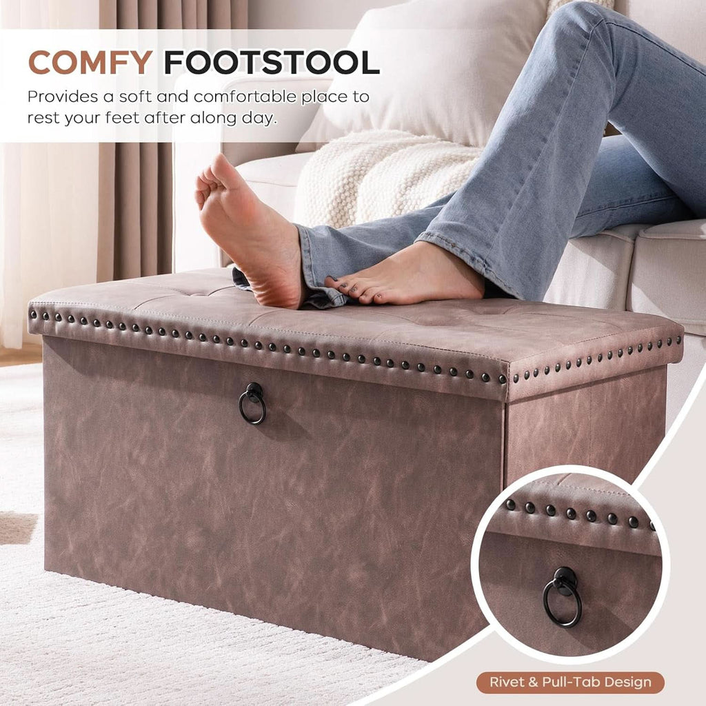 Oak Brown Foldable Storage Ottoman Bench 30"