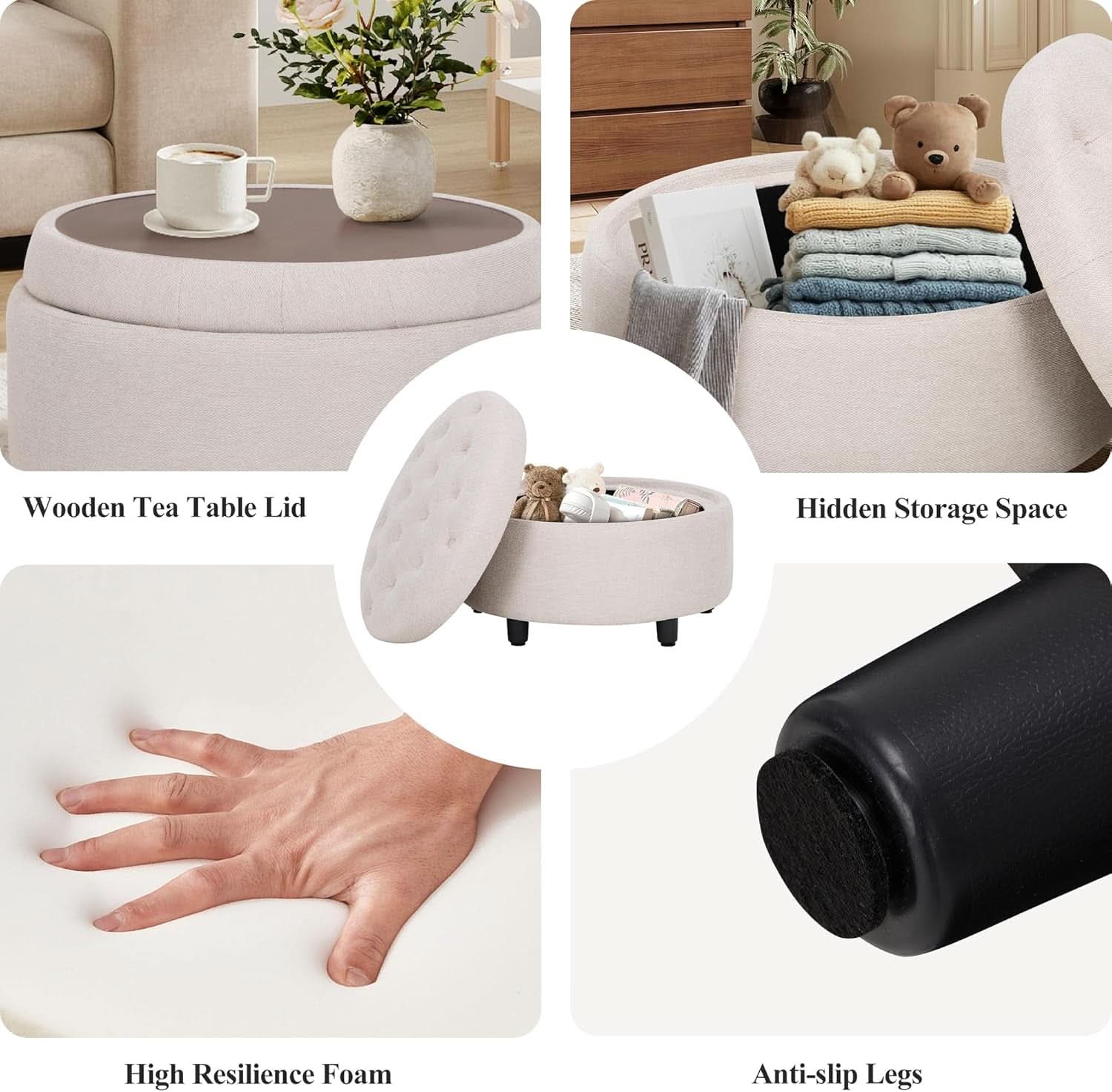 Beige Circular Storage Ottoman with Tray