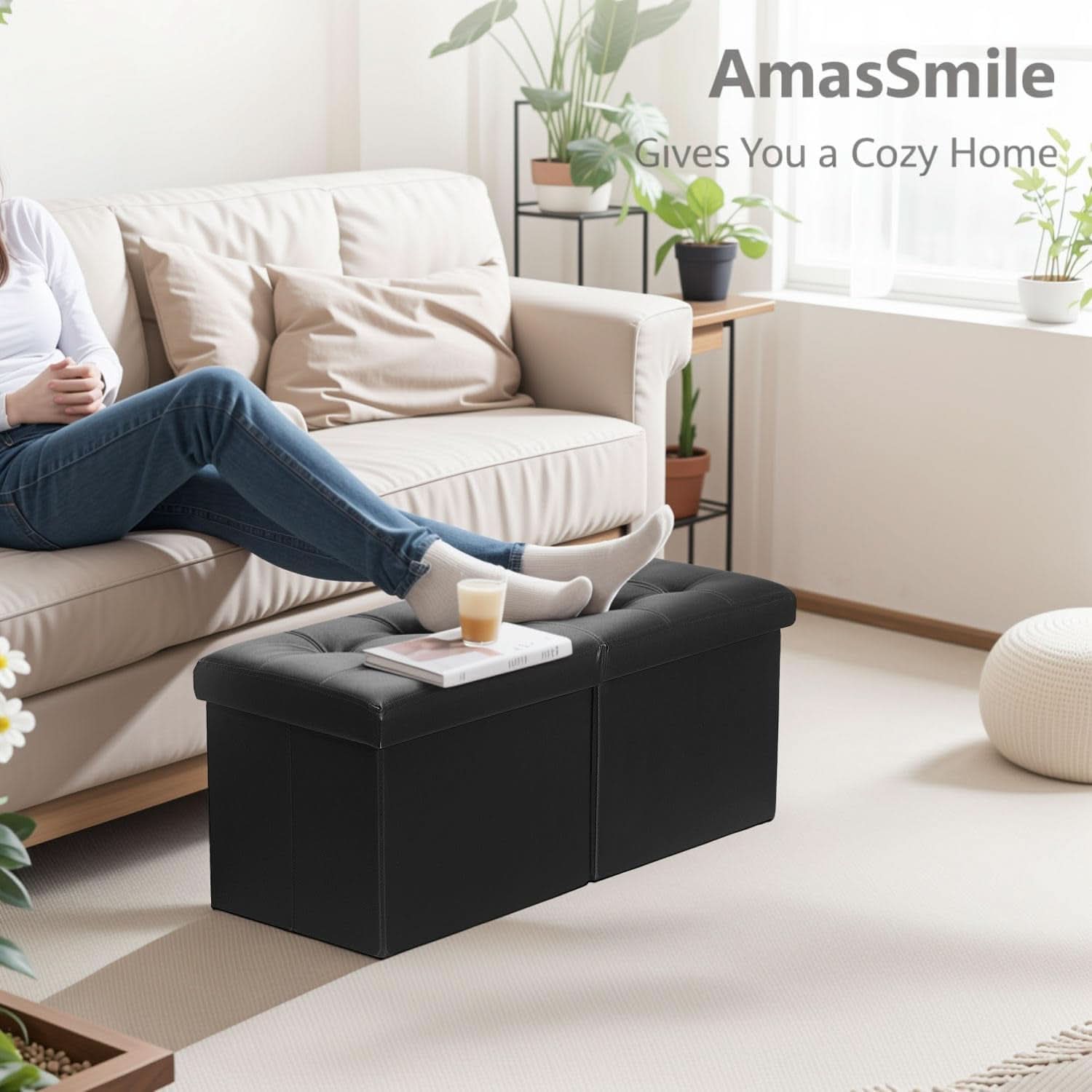Black Storage Ottoman 34"
