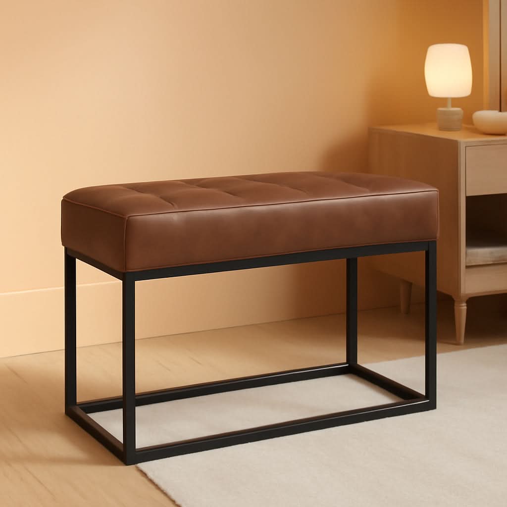 Brown Faux Leather Channel Tufted Ottoman