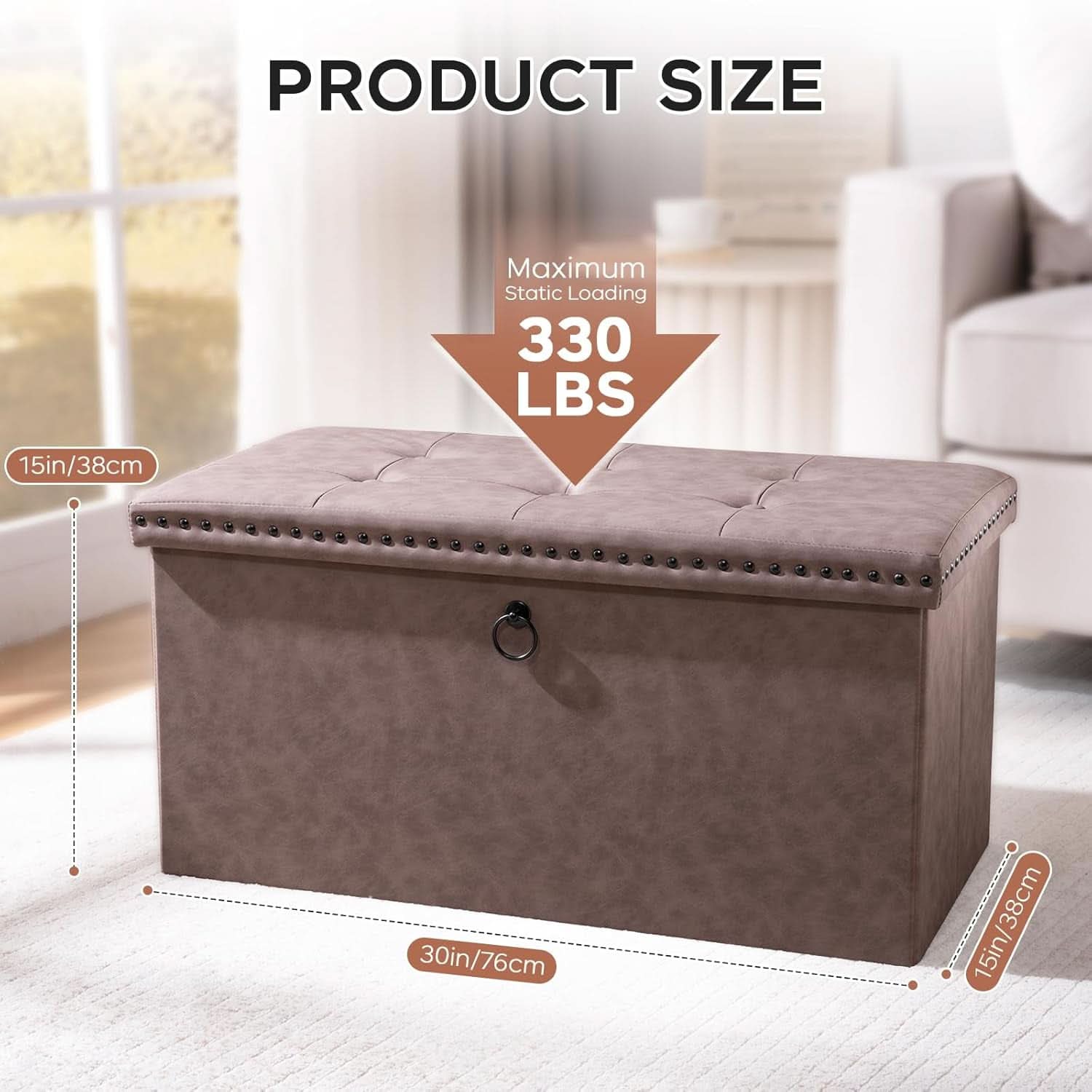 Oak Brown Foldable Storage Ottoman Bench 30"