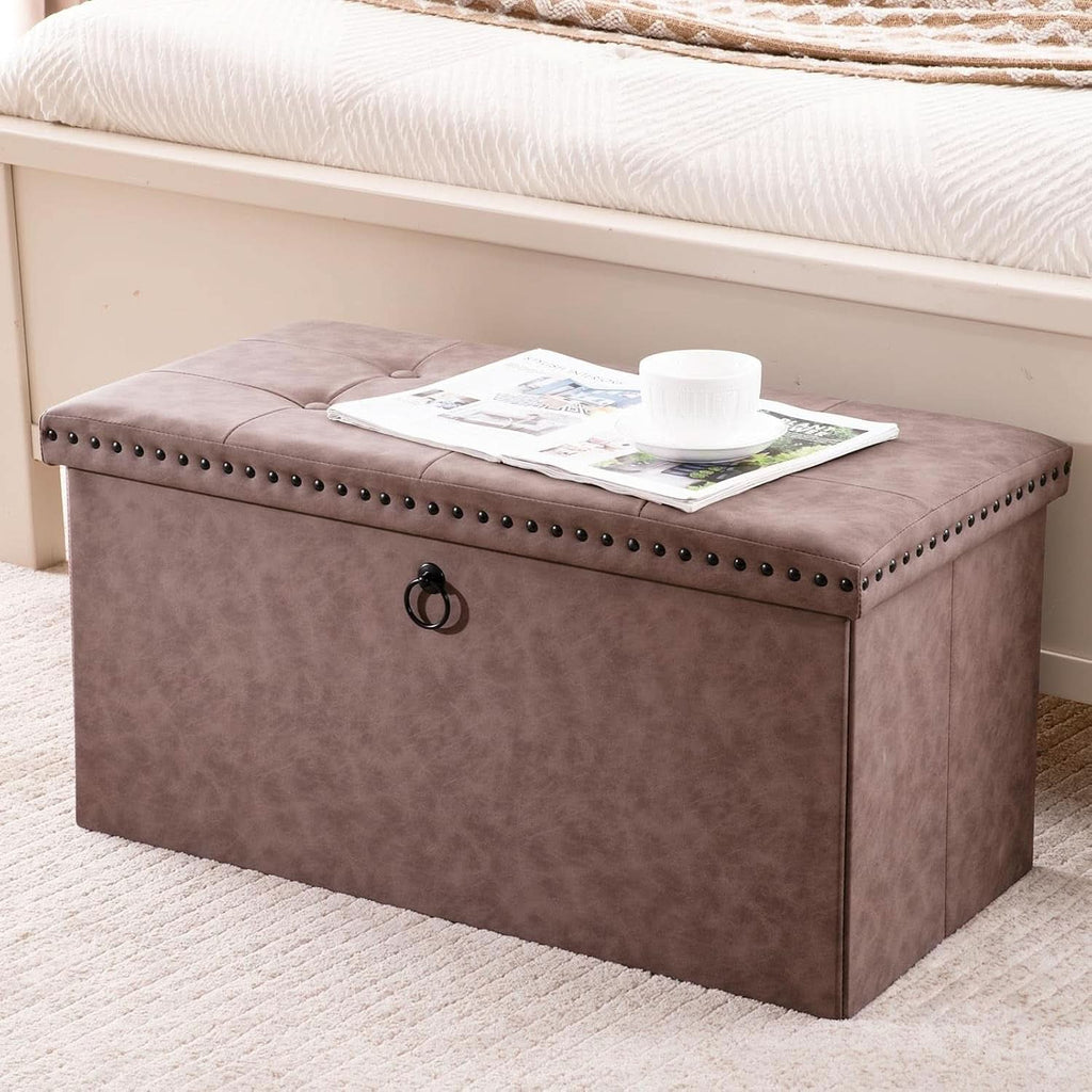 Oak Brown Foldable Storage Ottoman Bench 30"