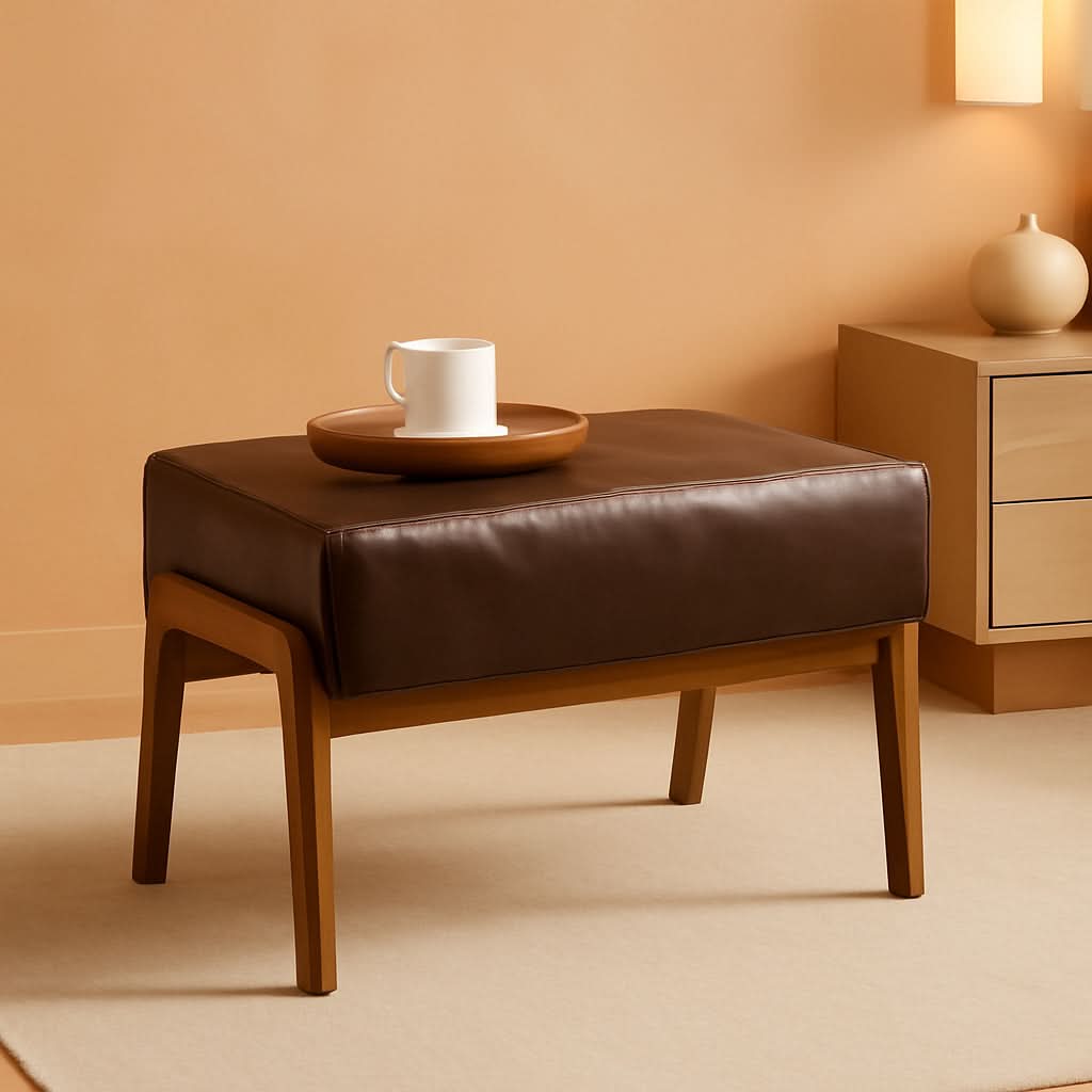 Walnut Rectangular Leather Ottoman Bench 24.5"