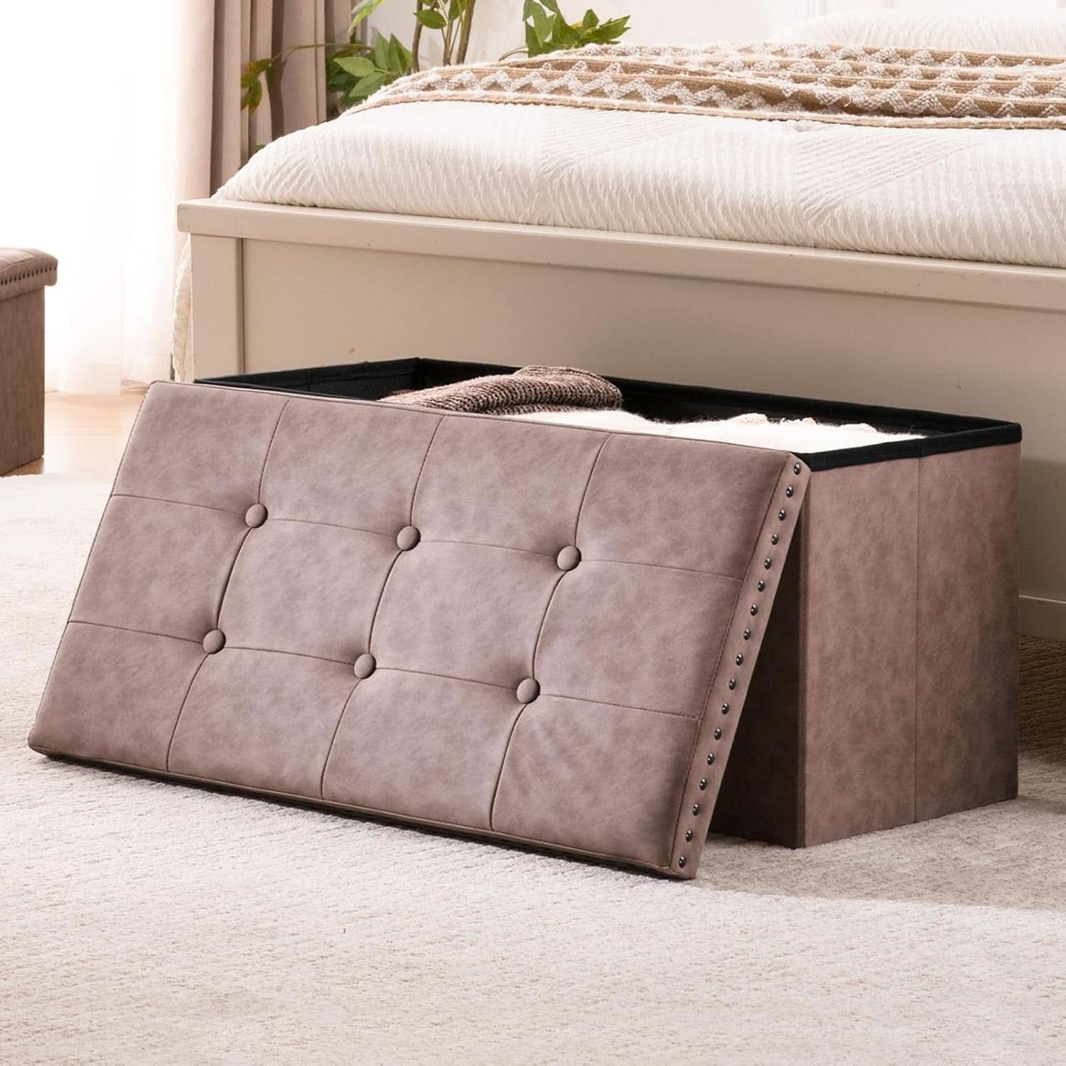 Oak Brown Foldable Storage Ottoman Bench 30"