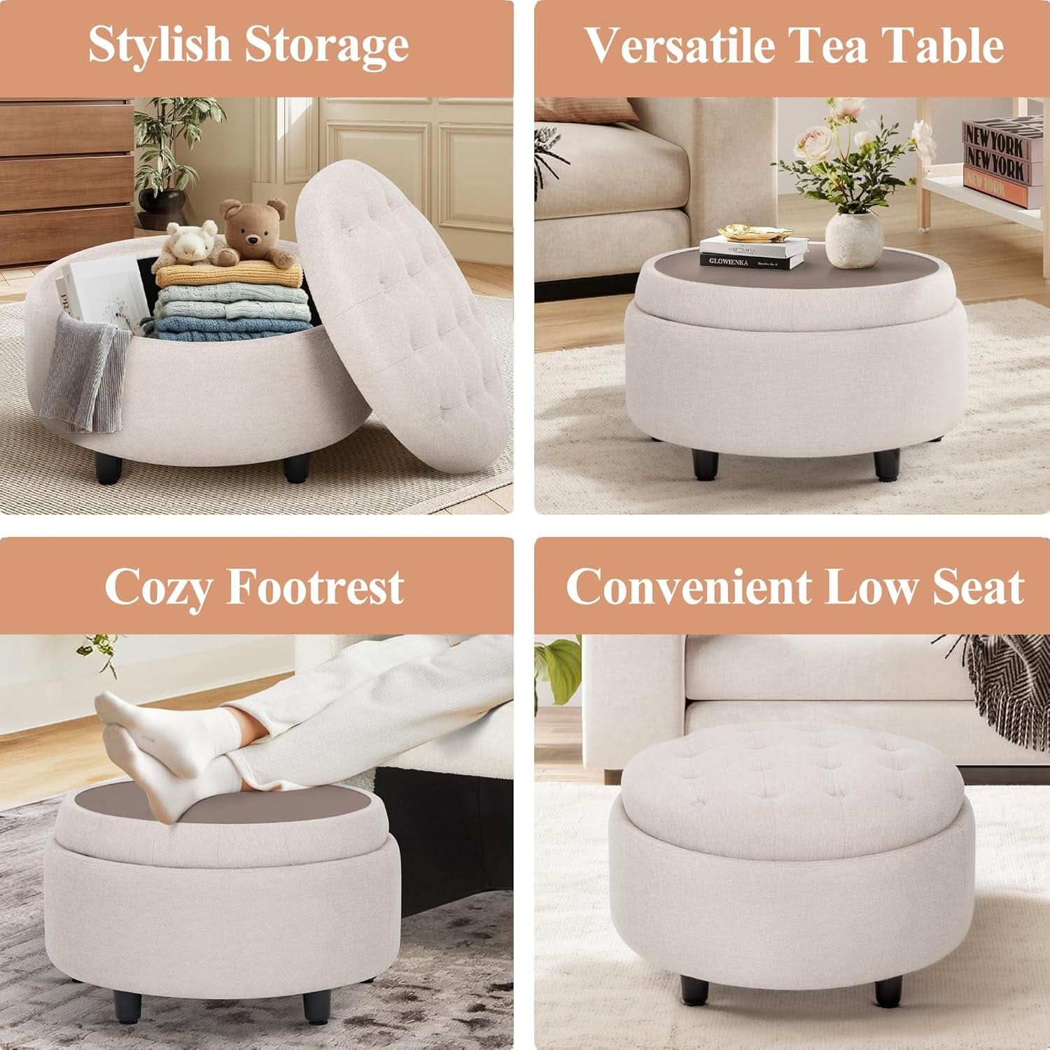 Beige Circular Storage Ottoman with Tray