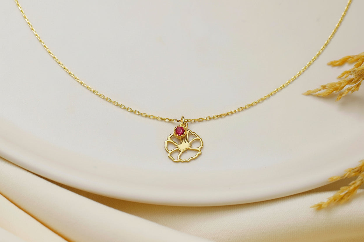 Custom Bloom Birthstone Necklace - Dainty 14K Gold Filled Personalized Flower Charm