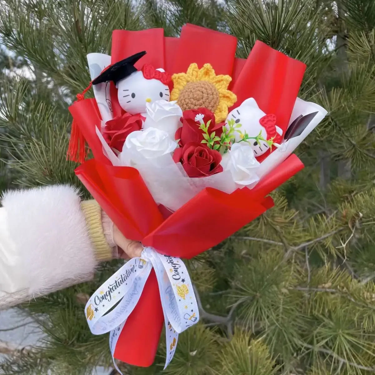 Kawaii Graduation Plush Bouquet – Cartoon Bear & Sunflower Gift Set